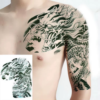 Shoulder and Chest Sun Totem Dragon Waterproof Tattoo Sticker Cool Harajuku Skull Gold Tattoo and Body Art Tattoo Large Black