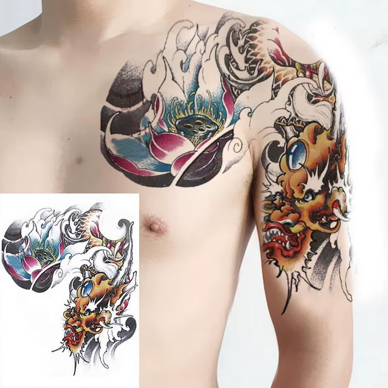 Shoulder and Chest Sun Totem Dragon Waterproof Tattoo Sticker Cool Harajuku Skull Gold Tattoo and Body Art Tattoo Large Black