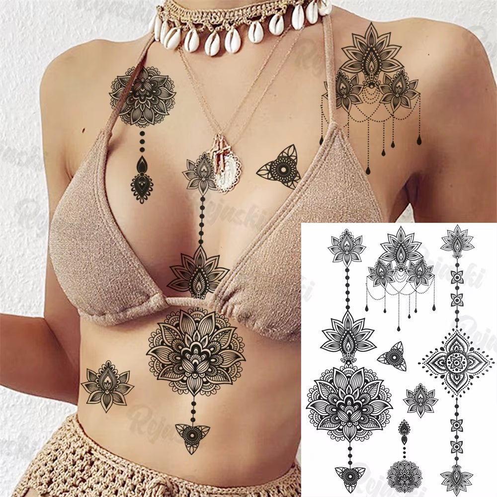 Lotus Henna Mandala Chest Temporary Tattoos for Women Underboob Adult Butterfly Turtle Lion Fake Tattoo Sexy Waterproof Tatoos