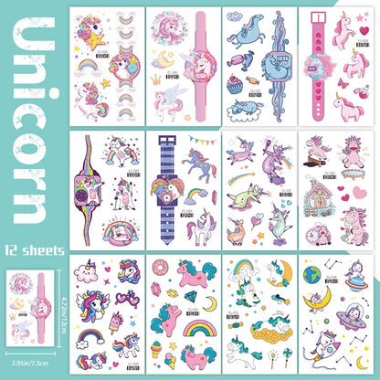 12 Sheets Glitter Pink Unicorn Temporary Tattoos, Glitter Styles Waterproof Shiny Rainbow Unicorn,Birthday Party Supplies