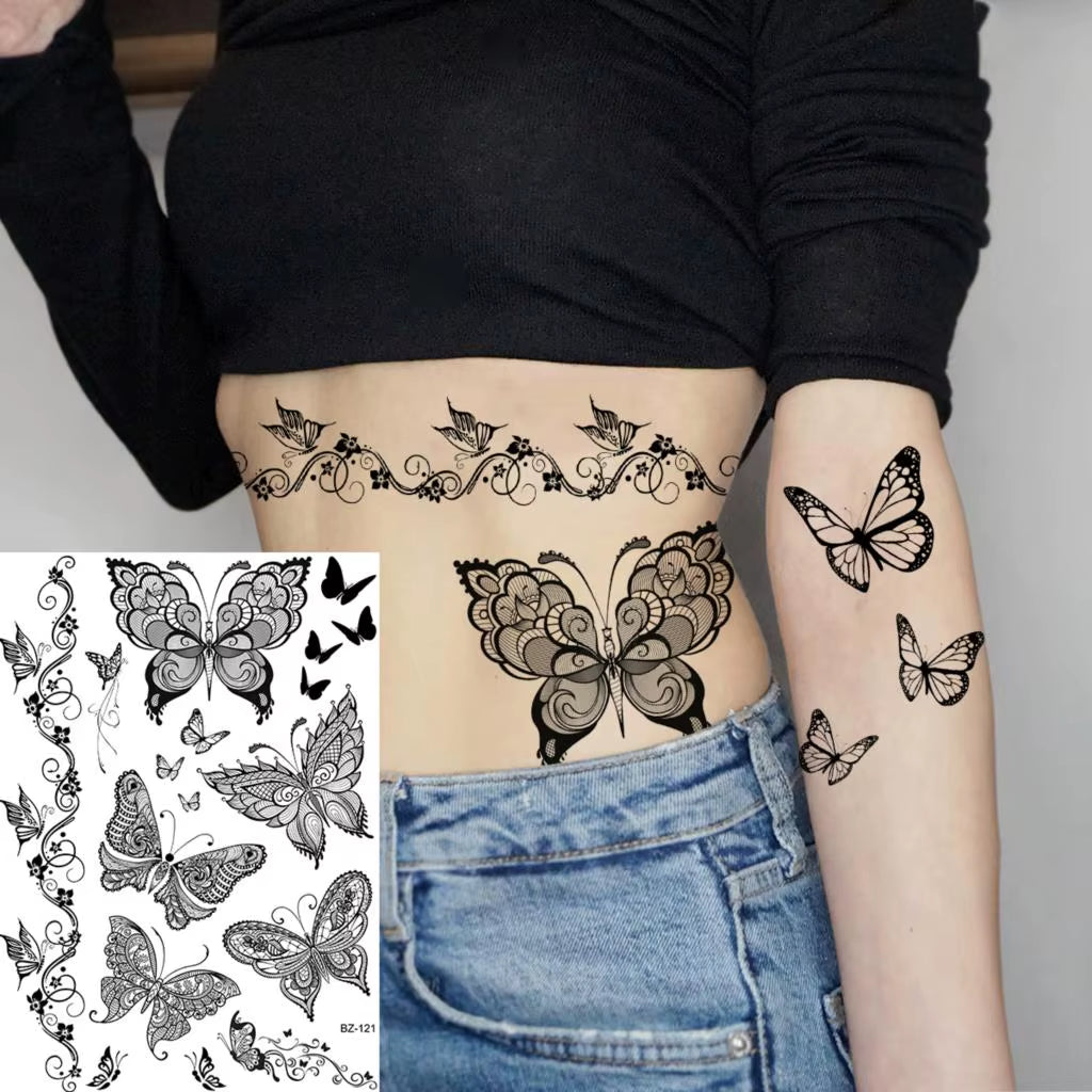 Lotus Henna Mandala Chest Temporary Tattoos for Women Underboob Adult Butterfly Turtle Lion Fake Tattoo Sexy Waterproof Tatoos