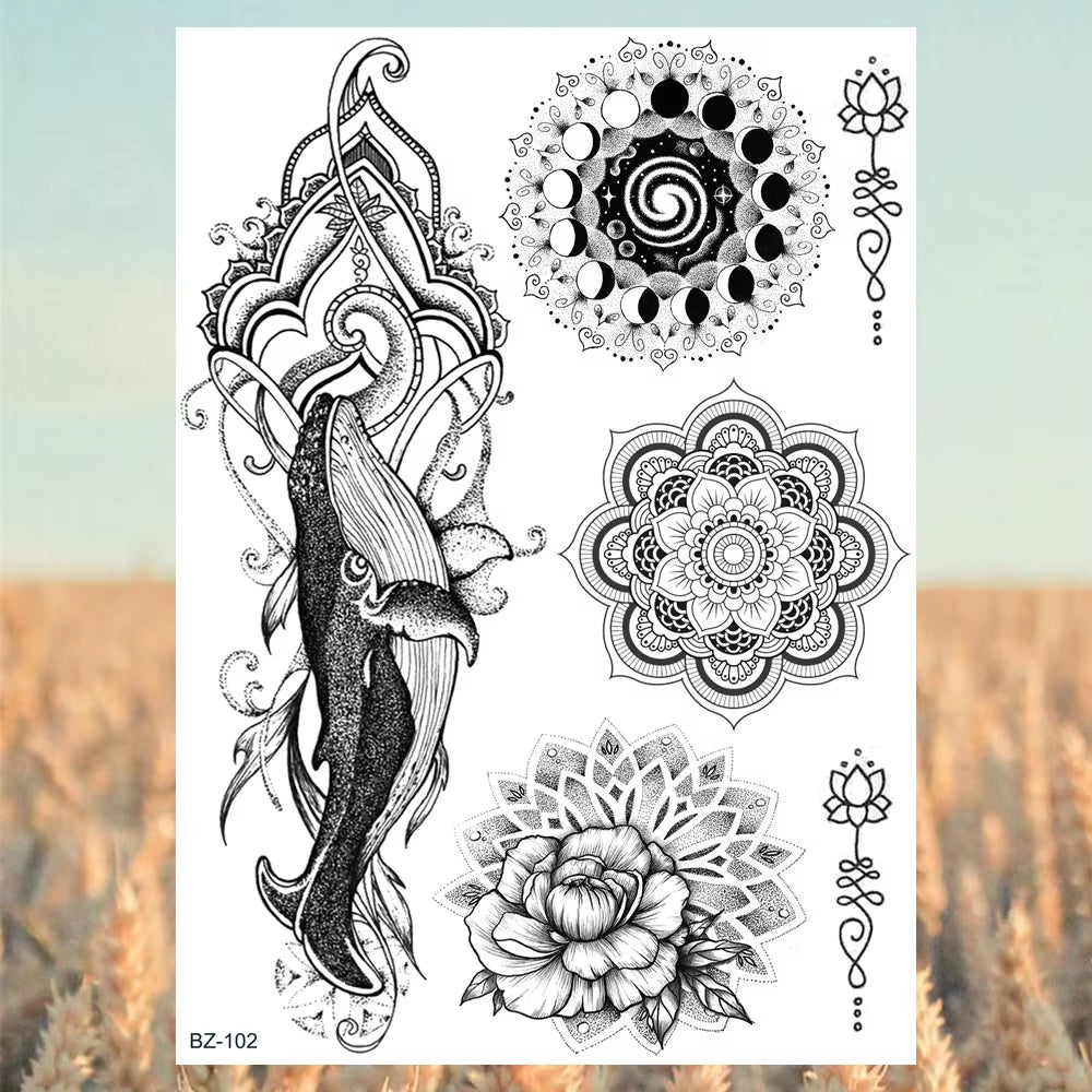 Lotus Henna Mandala Chest Temporary Tattoos for Women Underboob Adult Butterfly Turtle Lion Fake Tattoo Sexy Waterproof Tatoos